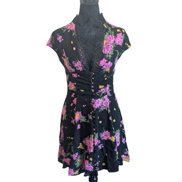 Free People Floral Dark Boho Mini Dress, Size 8 - Picture 1 of 7
